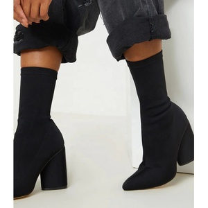 Solide Noir Lycra Supérieur Mi-<span class=keywords><strong>mollet</strong></span> Slip-on <span class=keywords><strong>Femme</strong></span> Bottes D'hiver Mode Bout Pointu Bottes <span class=keywords><strong>Grande</strong></span> <span class=keywords><strong>Taille</strong></span> 43 chunky Talon Bottines - Product Image 5