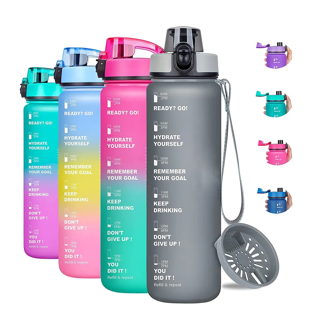 Gradient 1000ml Fitness Sports Yoga Leakproof Plastic PETG BPA Free Water Bottle with Motivational Time Marker