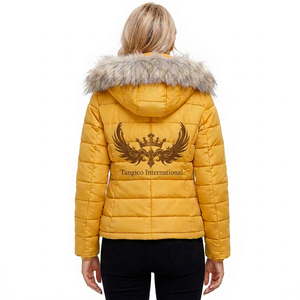 Women's Yellow Quilted Puffer Jacket With <b>Fur</b> <b>Trim</b> Hood And Zipper Pockets Winter Coat Full Sleeve Regular Length - Product Image 2