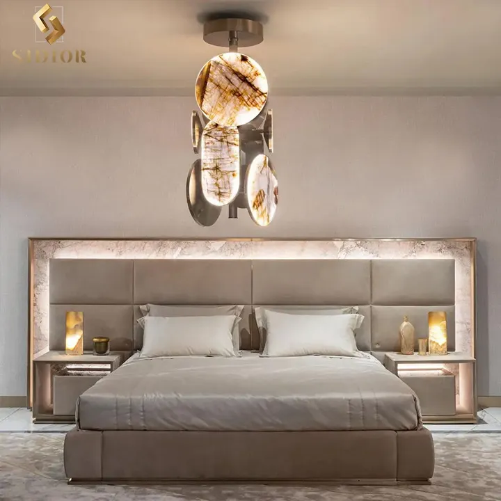 2023 Wholesale Italian Luxury Bedroom Furniture Set Fancy Led Light Up Full Size Bed Frame Marble Modern Beds With Led Lights