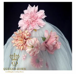 طرحة زفاف رومانسية ثلاثية الأبعاد من QUEENGOWN مع مشط، طرحة جميلة وأنيقة من طبقتين بزهور وردية كإكسسوار للزفاف - Product Image 5