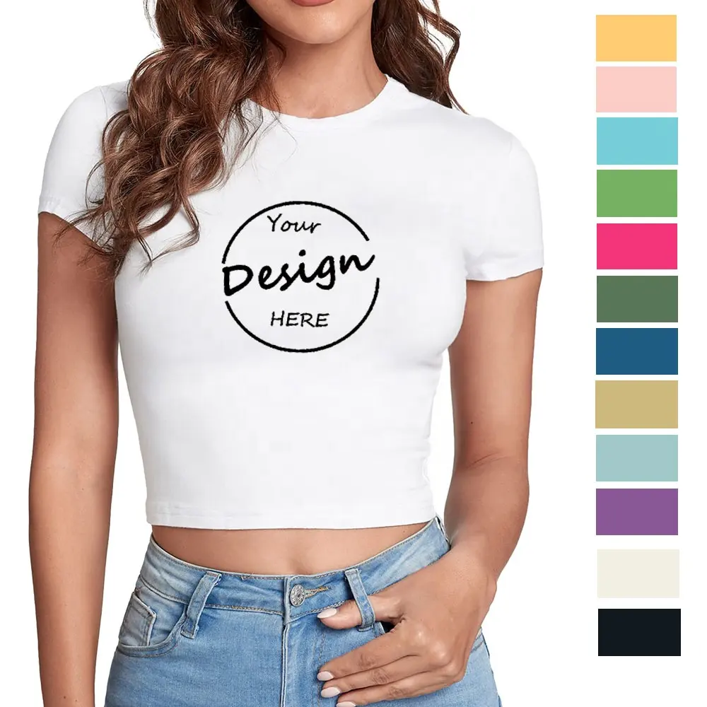 Camiseta de bebé personalizada recortada para mujer serigrafiada, Camiseta ajustada de algodón liso de verano, camiseta blanca de Hip Hop para mujer, Camiseta corta