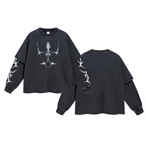 Camiseta de Manga Larga para Hombre, Talla Europea, Tejida, Oversize, 100% Algodón, Transpirable, 300g, Lisa, Unisex, de Alta Calidad - Product Image 1