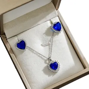Paduxi Groothandel Luxe Saffier Mode Hart Sieraden Set Blauwe Kristallen Zirkoon Ketting En Oorbellen Set Voor Vrouwen