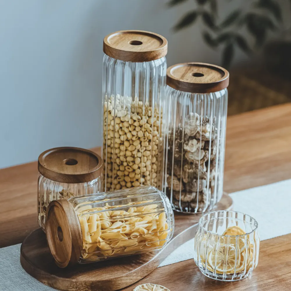 Botol penyimpanan kaca borosilikat tinggi, toples pengatur makanan dapur dasar bulat dengan tutup kayu