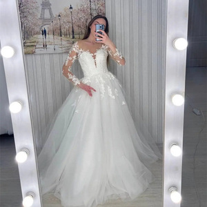 French Style Off Shoulder <b>Lace</b> Wedding Dress A Line Long Sleeve <b>White</b> Tulle Bridal Gown With Sweetheart Neckline And Natural - Product Image 1