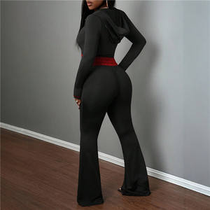 Dantel Patchwork kadın sonbahar iki 2 parça Set uzun kollu fermuar kapşonlu ceketler kırpma üst + pantolon rahat takım elbise - Product Image 5