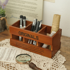 Wooden Retro Pen Holder Storage <b>Box</b> Rectangle Desktop Organizer For Stationery <b>Makeup</b> Brushes No Lid Originals Pattern - Product Image 2