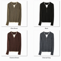 Pull en tricot ajusté pour femme en 100% laine de mouton, style Dark Academia, à effet superposé, avec patte de boutonnage multi-boutons