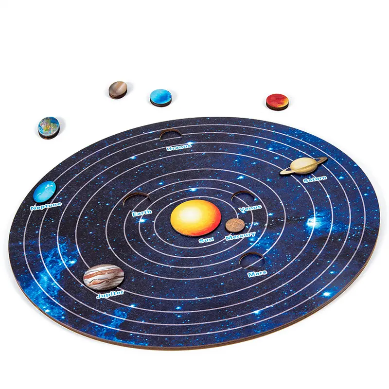 Montessori Wooden Toys Solar System Board Jigsaw Puzzles Space Planets Puzzles Games Sun Earth Science Educational Toy
