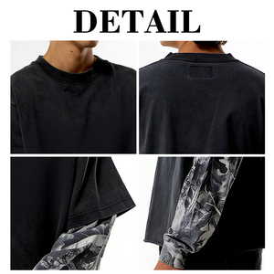 T-shirt KingSen pour homme en coton lourd délavé style vintage, coupe oversize, imprimé numérique intégral, manches longues superposées, streetwear - Product Image 6