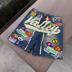 Shorts in Denim di Lusso <span class=keywords><strong>con</strong></span> Strass per Uomo, Stile Y2K, Patchwork Ricamato, Logo Personalizzato, Moda Hip Hop - Product Image 1