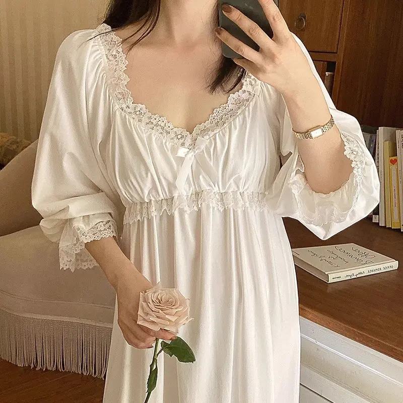 Mùa hè mỏng bông trượt nightdress của phụ nữ mùa hè ren sexy tinh khiết backless trắng bông đồ ngủ với vú Pad dệt Chiều dài đầy đủ