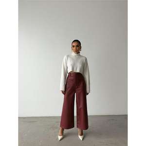 กางเกงหนังสีแดงเบอร์กันดีสำหรับผู้หญิง มีกระเป๋าด้านหน้า ระบายอากาศได้ดี สไตล์ลำลอง ทรงคาร์โก้ ขากว้าง เอวกลาง - Product Image 5