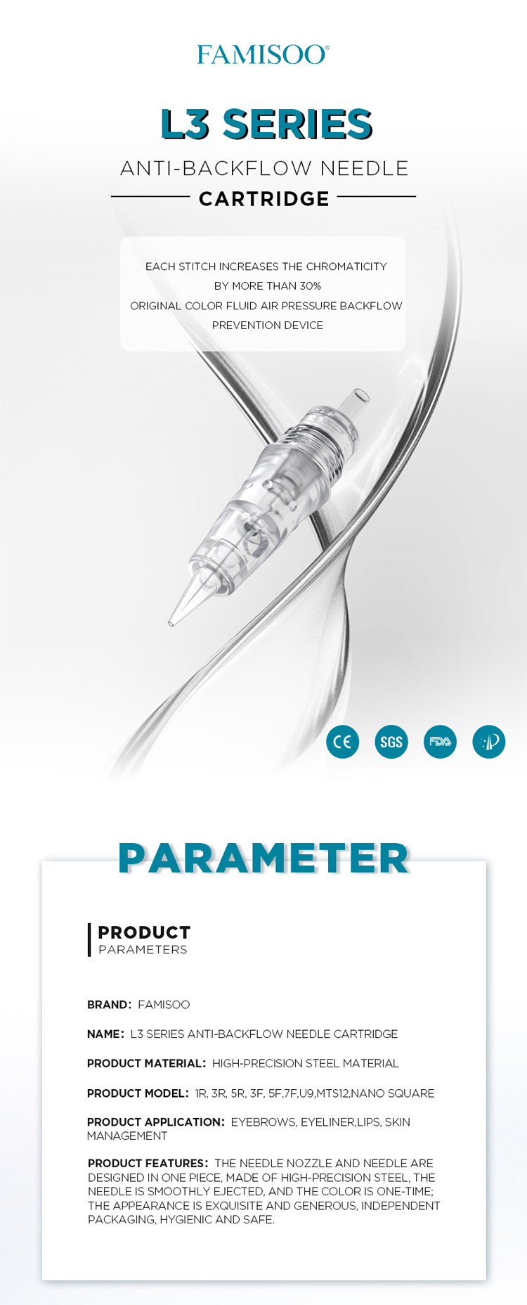 FAMISOO L3 Permanent Makeup Cartridge Needle with Membrane Backflow Prevent for Pmu Machine use