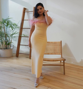 2024 moda sin tirantes vestidos de dama de honor boda fiesta vendaje batas amarillo elegante Escote de <span class=keywords><strong>plumas</strong></span> Quinceañera invitados <span class=keywords><strong>vestido</strong></span> - Product Image 5