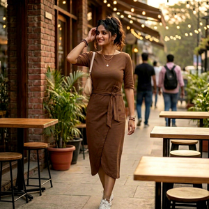 Robe midi marron à col rond avec ceinture à nouer, manches trois quarts, tricotée, ajustée, décontractée, pour tous les jours - Product Image 1