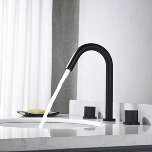 Grifo de lavabo de doble manija para baño Grifo mezclador de lavabo de oro cepillado de arco alto - Product Image 2
