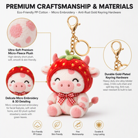 Porte-clés en peluche vache avec chapeau fraise personnalisé ODM, conception de personnage sur mesure, certifié EN71 ASTM pour les cadeaux promotionnels de marque