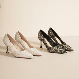 Escarpins à bout pointu 8599B à talon moyen, en tissu pailleté et strass, style coréen, à enfiler, tendance mode, chaussures pour femmes - Product Image 2