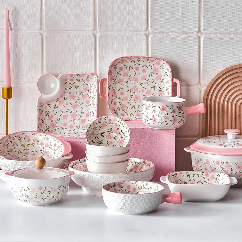 Großhandel Rosa Blumen japanischen Stil Keramik Geschirr Set feines Porzellan Geschirr Set Küchen geschirr für zu Hause