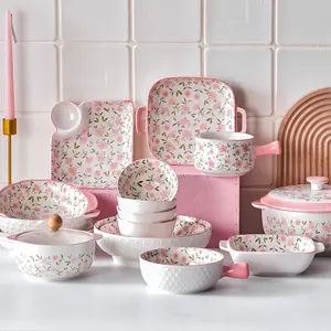 الجملة الوردي الزهور اليابانية نمط طقم أدوات مائدة من السيراميك غرامة مجموعة أواني الطعام من البورسلين المطبخ أواني الطعام للمنزل