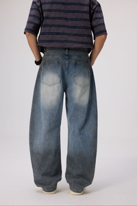 MASILOU Jeans de hombre 100% algodón vintage de pierna ancha, oversize, con logotipo personalizado bordado, rasgados, de tejido sólido, con técnicas de lavado, corte medio - Product Image 2