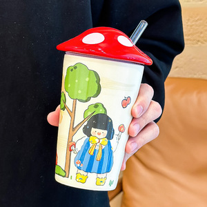 New Design 16oz <b>Ceramic</b> Coffee Mug <b>Cup</b> with Mushroom Lid and Straw - Product Image 6