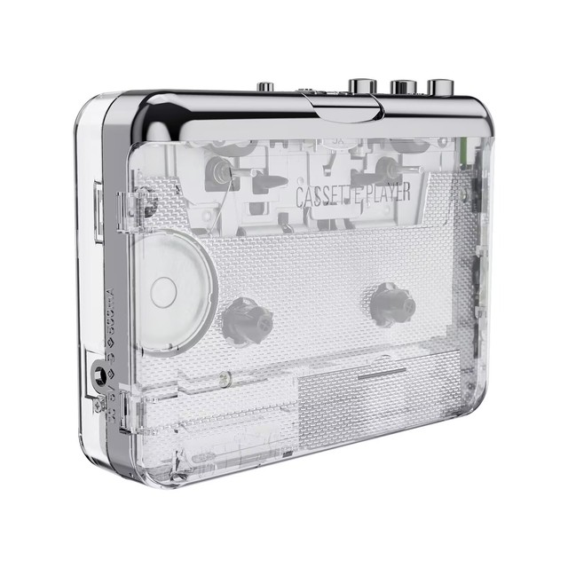 Portable audio cassette player converted to MP3 with editing software, automatic rewind, includes portable plastic tape player