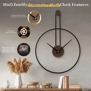 Stile spagnolo moderno minimalista Extra Large orologio da parete grande rotondo in metallo ferro arte grande moderno orologio da parete nero con quadrante in noce