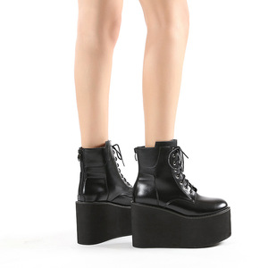 CHENO Custom logo <strong>Gothic</strong> Punk Style Chunky Platform Black Patent Leather Custom Ankle <strong>Boots</strong> for Women with Zipper Buckle - Product Image 5