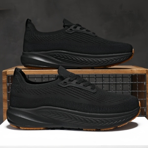 Chaussures décontractées en maille respirante pour hommes, entièrement noires, légères, à lacets, absorbant les chocs, antidérapantes, baskets de travail - Product Image 3