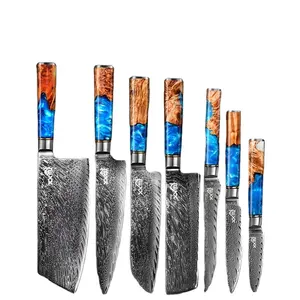 Set di coltelli da cucina in damasco 7 pezzi 67 strati di legno ombra con coltello da cuoco in resina blu SS316 SS410 100 cr15comov HRC 60 +-/2