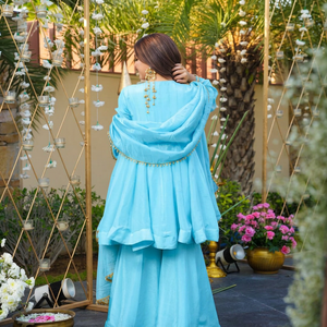 Light Blue Chinon <b>Shawl</b> Mirror Work Traditional Indian Pakistani Women's Wear <b>Wedding</b> Engagement Spring Summer Breathable - Product Image 3