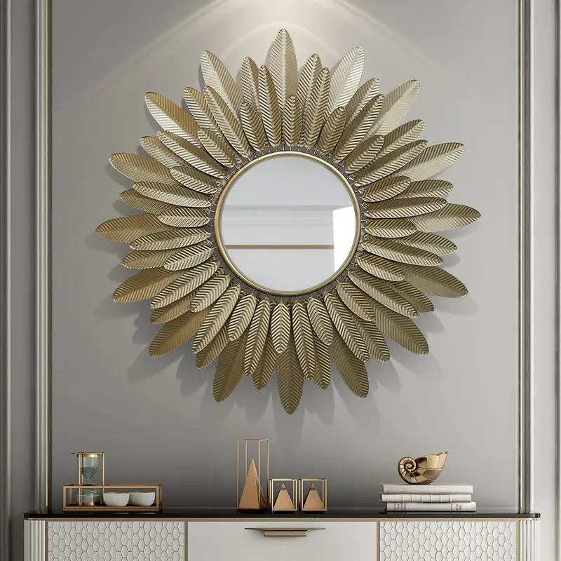 거실 장식을위한 고급 잎 모양 벽 예술 장식 거울 금속 프레임 썬 버스트 디자인 벽 거울