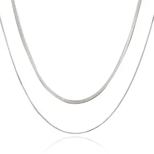 Dainty 18K Gold Filled Flat Skinny Snake Chain Necklace Stainless Steel Layered Herringbone Choker Necklace For Women