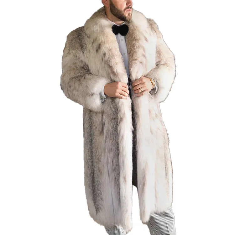 Wholesale Luxury Custom Full Length Artificial Fleece Fur Jacket Thick Winter Warm Mens Fox Fur White Long Faux Fur Coat