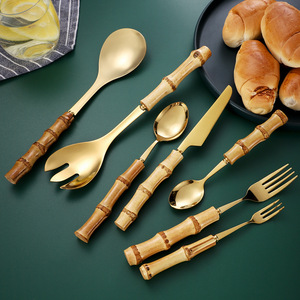 Juego de cuchillo, tenedor y cuchara con mango de bambú, 13 piezas, cubiertos de acero inoxidable para cenar y postre - Product Image 3