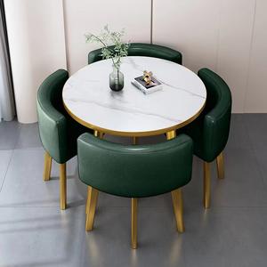 Table <span class=keywords><strong>ronde</strong></span> minimaliste en <span class=keywords><strong>bois</strong></span> avec dessus de table et chaises en cuir Ensemble de table à manger de luxe 4 places avec cadre en métal doré - Product Image 6