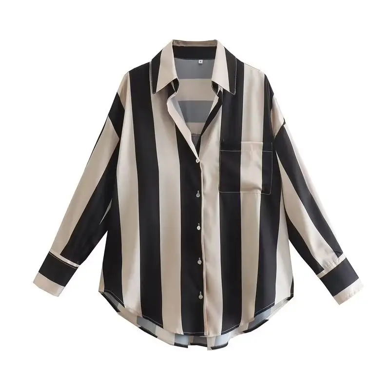 CS9054 New 2022 Chic Match All Color Block Striped Print Long Sleeve Shirt Blouse Women Satin Blouses Shirt 11