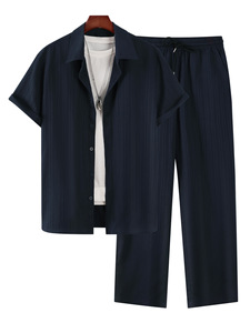Set <span class=keywords><strong>estivo</strong></span> da <span class=keywords><strong>uomo</strong></span> con camicia a maniche corte a righe e pantaloni, abbigliamento casual per la casa, può essere indossato anche all'esterno, <span class=keywords><strong>pigiama</strong></span> leggero, di alta gamma per l'estate. - Product Image 5