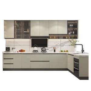 Dubai Style <b>Gold</b> Trim Kitchen <b>Cabinet</b> Set with Marble Countertops Smart Storage Hidden Trash Bin Design - Product Image 5
