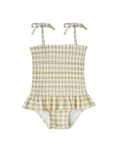 Combinaisons d'été à carreaux pour filles avec bretelles à nouer et smocks, maillots de bain à volants pour enfants - Product Image 1