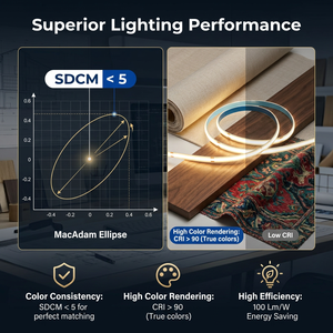 Bande LED COB professionnelle, dotée de la technologie bobine-à-bobine (sans joint de soudure), assurant un éclairage linéaire continu de 5 mètres. - Product Image 1