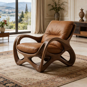 Poltrona in Legno Curvato con Rivestimento in Pelle Marrone, Sedia Lounge per Arredamento Casa - Product Image 2