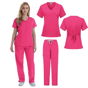 Women's <b>Scrub</b> Suit <b>Set</b> Short Sleeve V Neck Moisture Wicking Hospital Uniforms For Nurses Surgeons Split Design With Label - Product Image 4