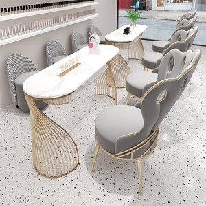 Table de manucure moderne aspect marbre en acier inoxydable, poste de travail de beauté blanc pour atelier - Product Image 3