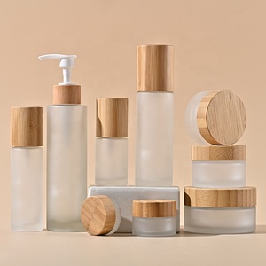 Ensembles d'emballage cosmétiques en bambou pot de crème en verre dépoli vide et ensemble de soins de la peau à pompe bouteille de lotion crème pour le visage