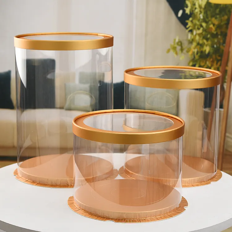 Boîte à gâteau en or ronde transparente de 6 pouces 8 pouces 10 pouces boîte d'emballage de gâteau de mode PET transparente personnalisée de qualité alimentaire
