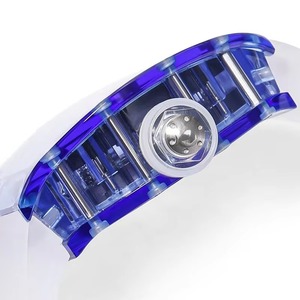 Montre mécanique avant-gardiste en cristal bleu, boîtier tonneau, design squelette tourbillon, automatique, sport, mode, bracelet blanc - Product Image 3